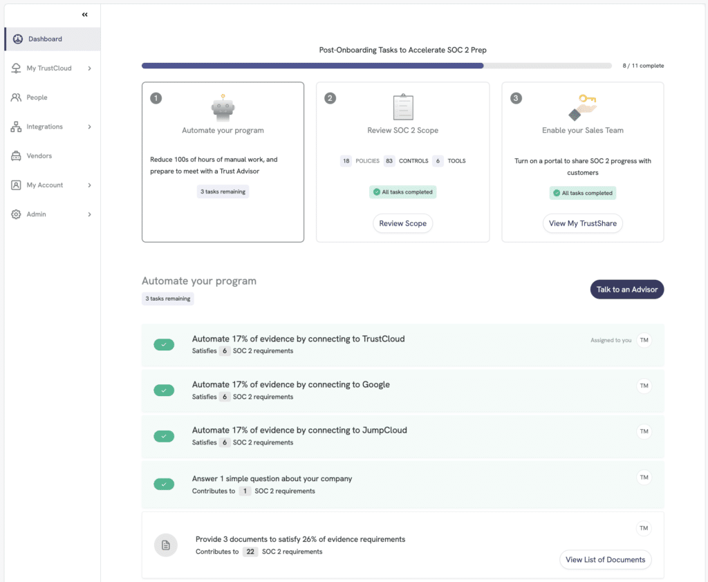 TrustCloud dashboard